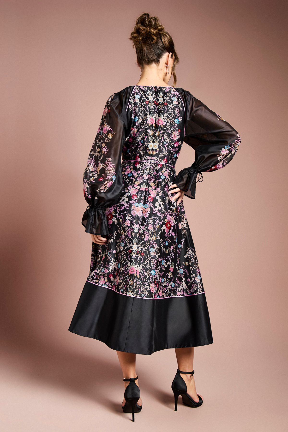 Coast Placement Print Long Sleeve Organza Midi Dress Black image 3