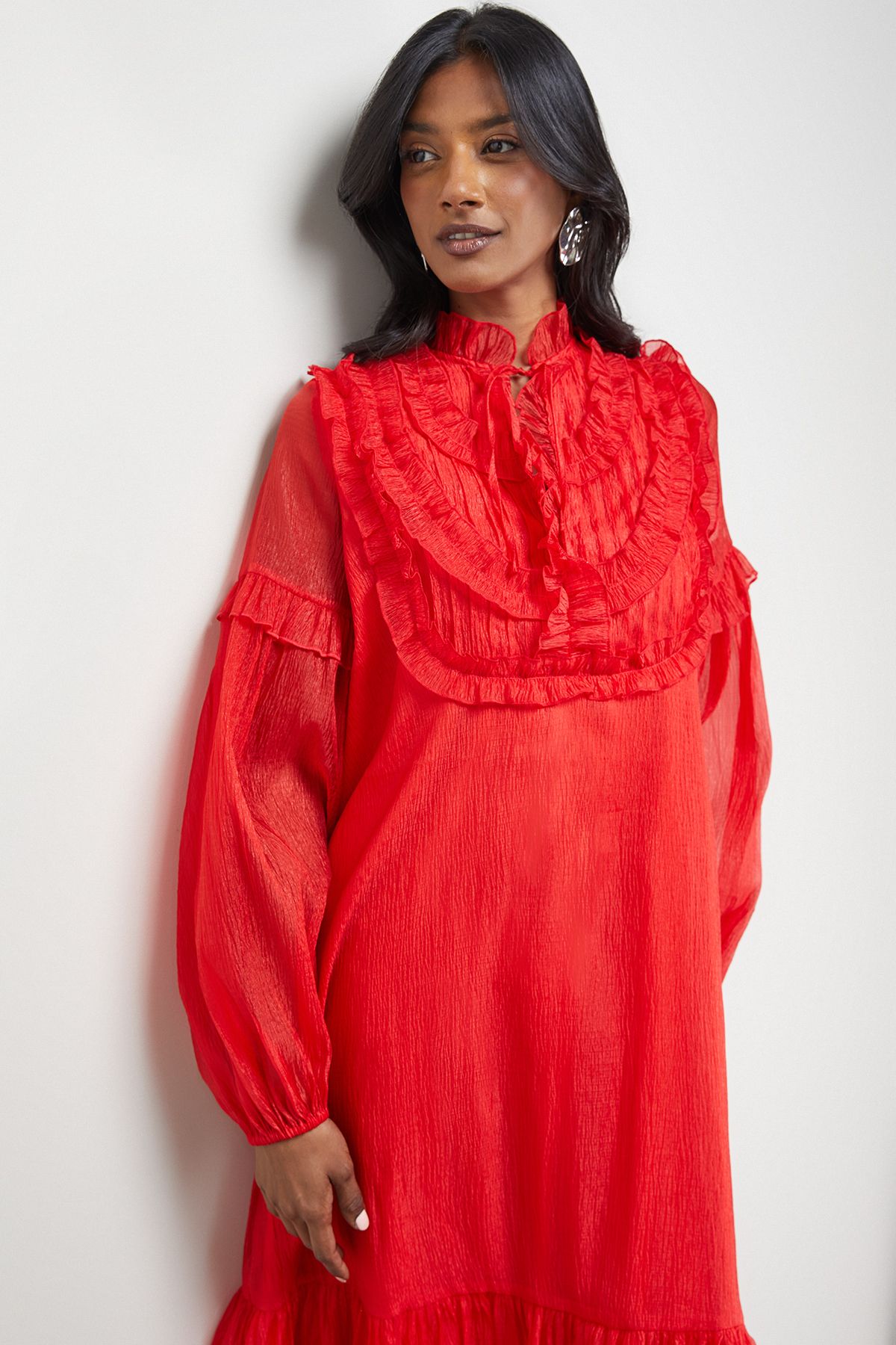 Warehouse Premium Crinkle Stripe Organza Frill Pleat Detail Midi Dress Red image 2