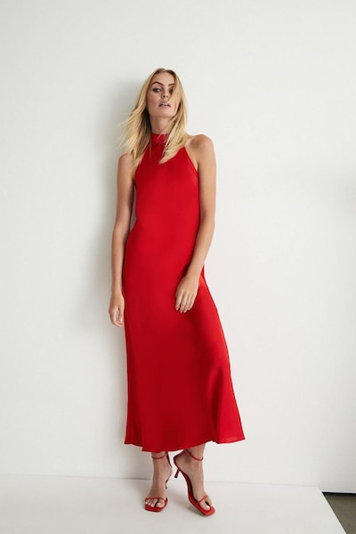 Warehouse Satin Halter Neck Backless Slip Dress Red