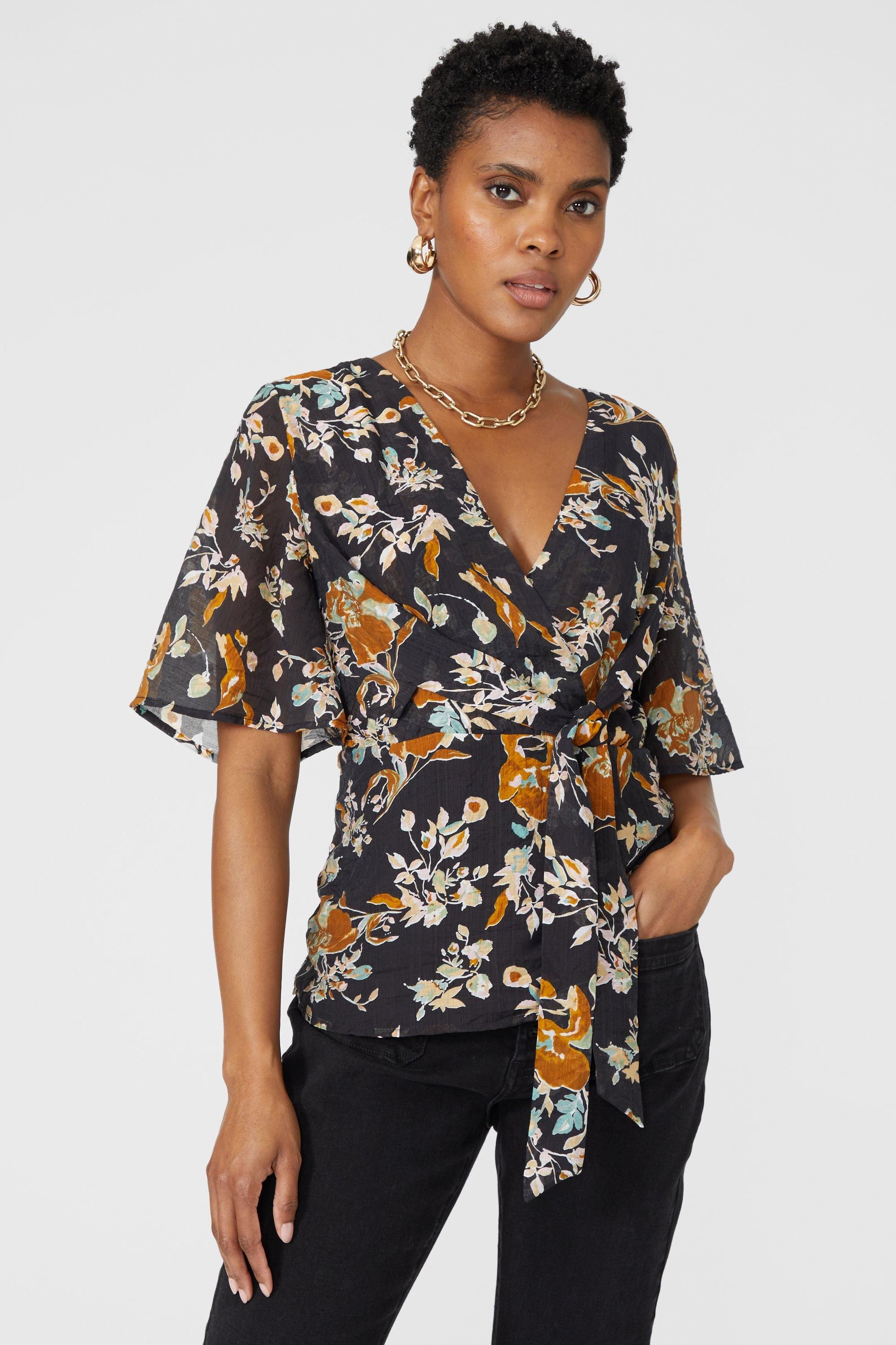 Principles Petite Floral Printed Tie Front Blouse Black image 1