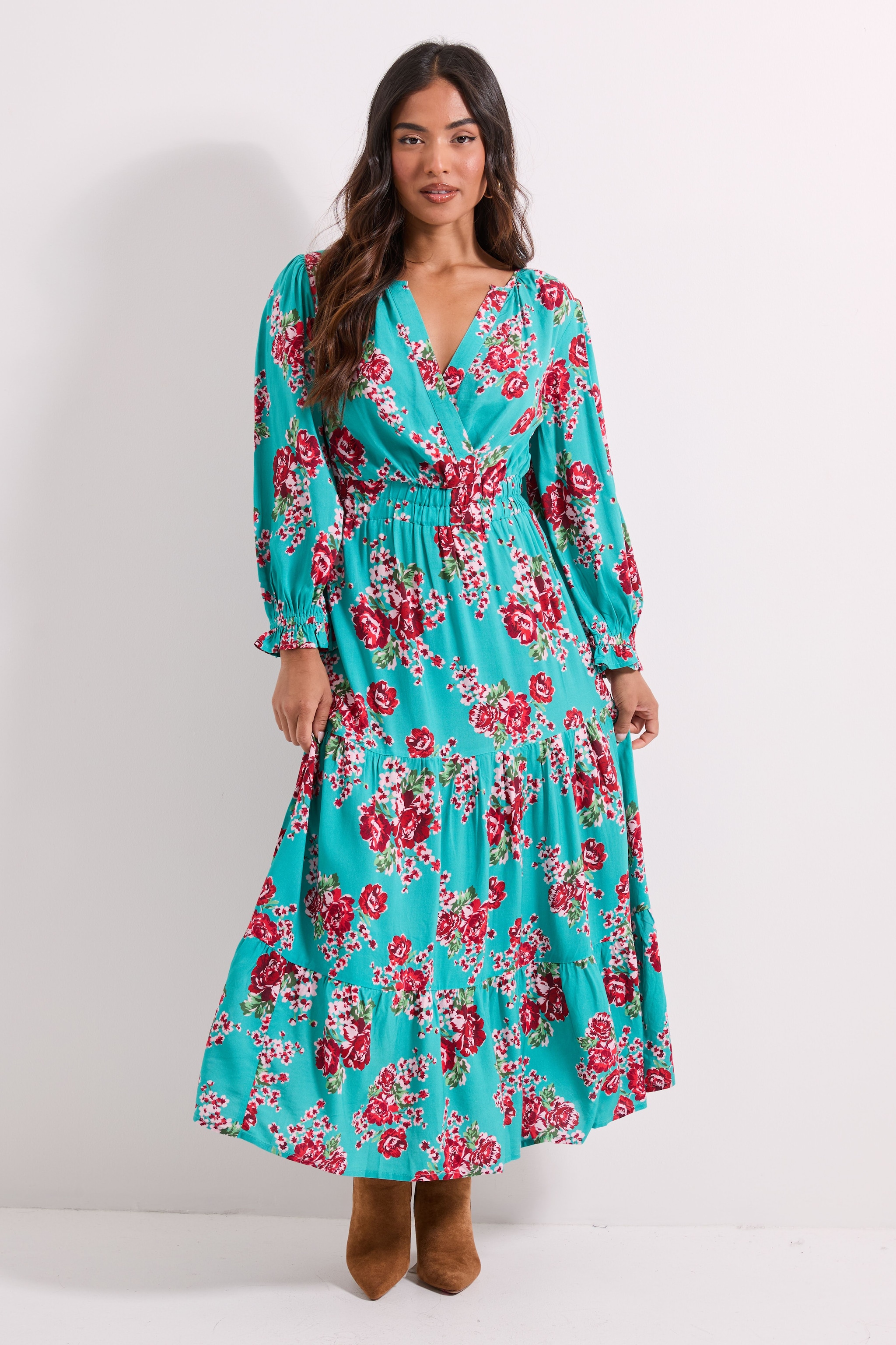 Dorothy Perkins Petite Floral Wrap Front Tiered Skirt Midaxi Dress Floral