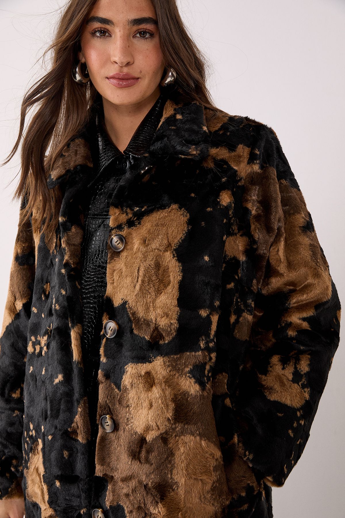 NastyGal Cow Print Faux Fur Longline Coat Brown image 2