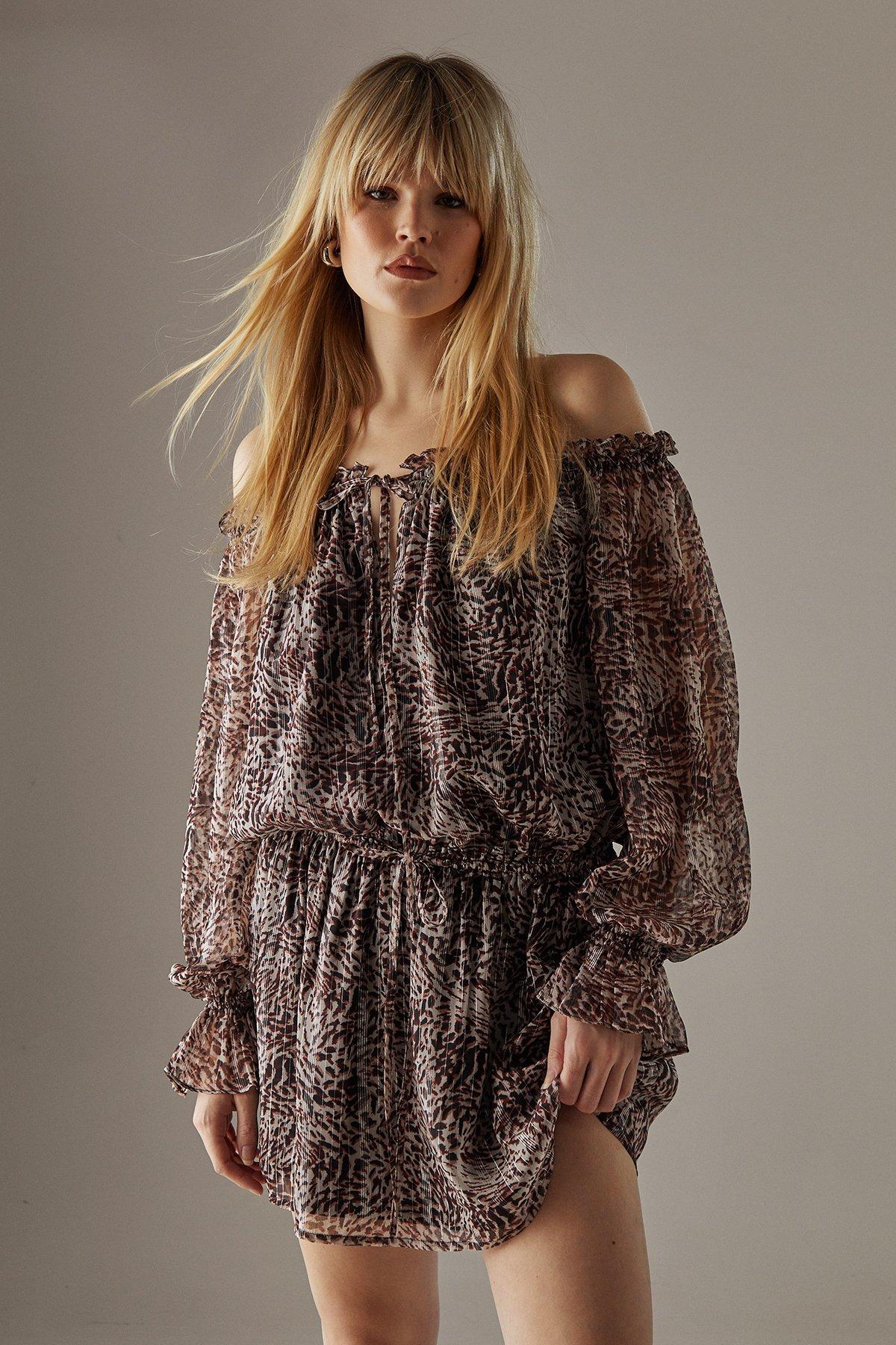 Warehouse Metallic Chiffon Bardot Drop Waist Mini Dress Animal