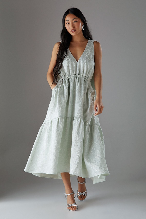 Warehouse Petite Jacquard Plunge Tie Pocket Midi Dress Sage