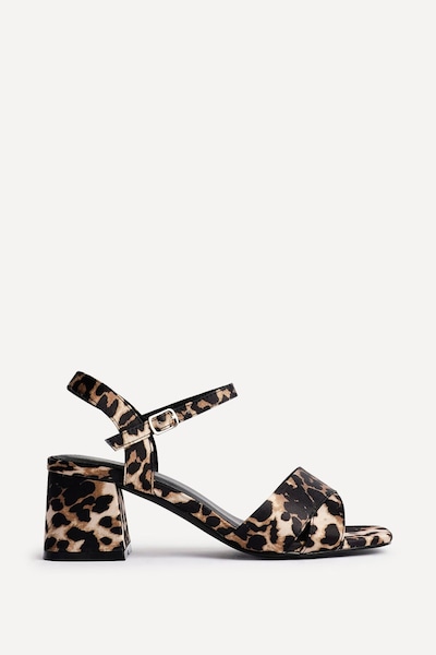 Linzi Vivian Wide Fit Leopard Print Satin Block Heeled Sandals