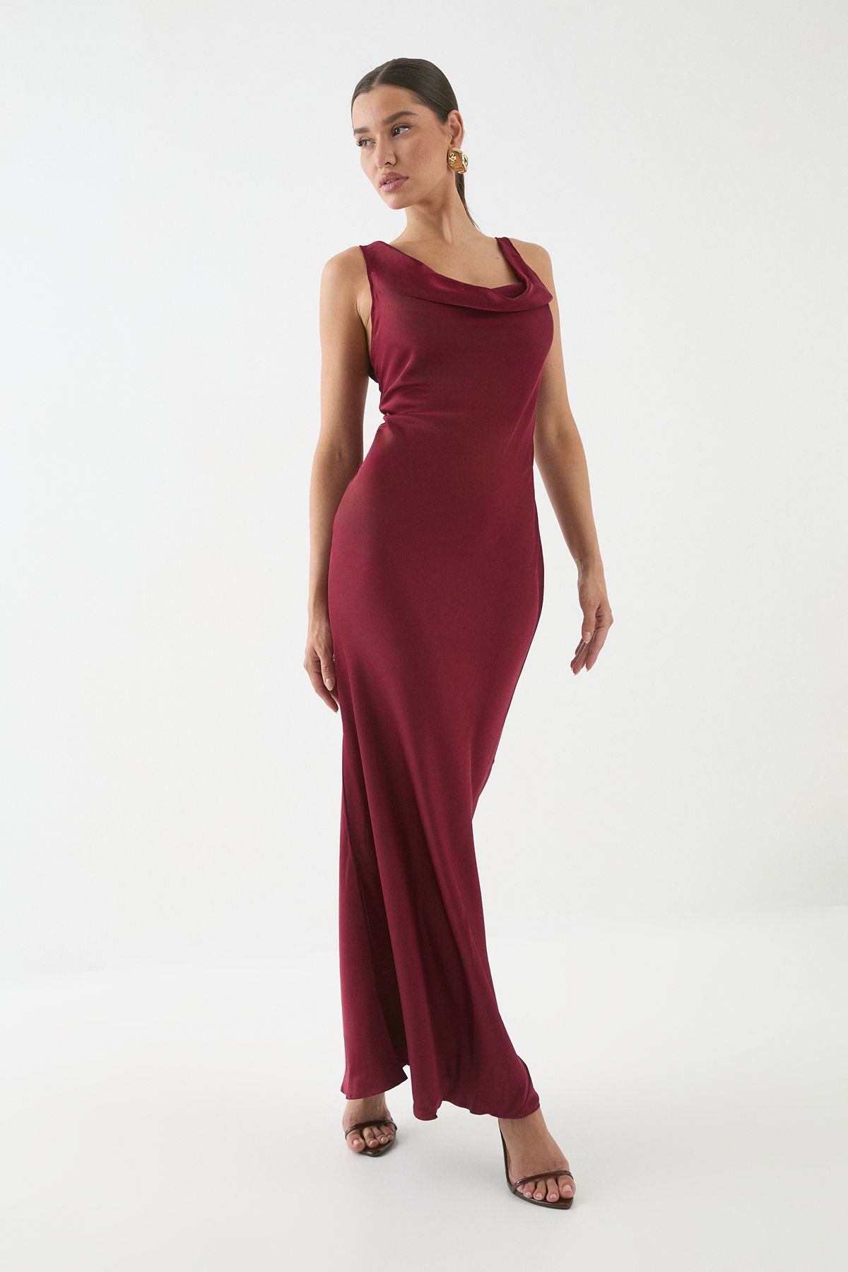 MissPap Premium Satin Cowl Neck Fishtail Maxi Bridesmaid Dress Wine image 4