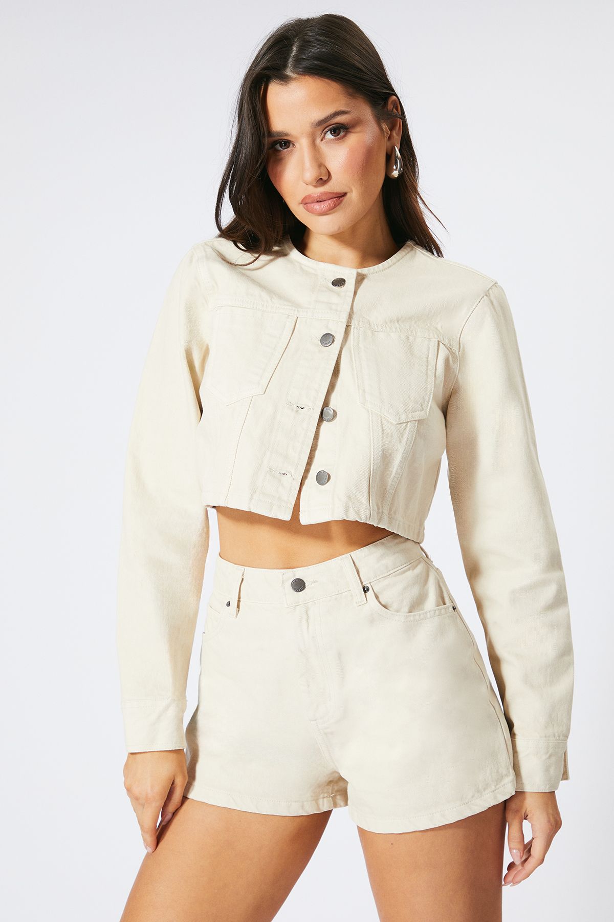 MissPap Pocket Detail Crop Denim Jacket Ecru image 2