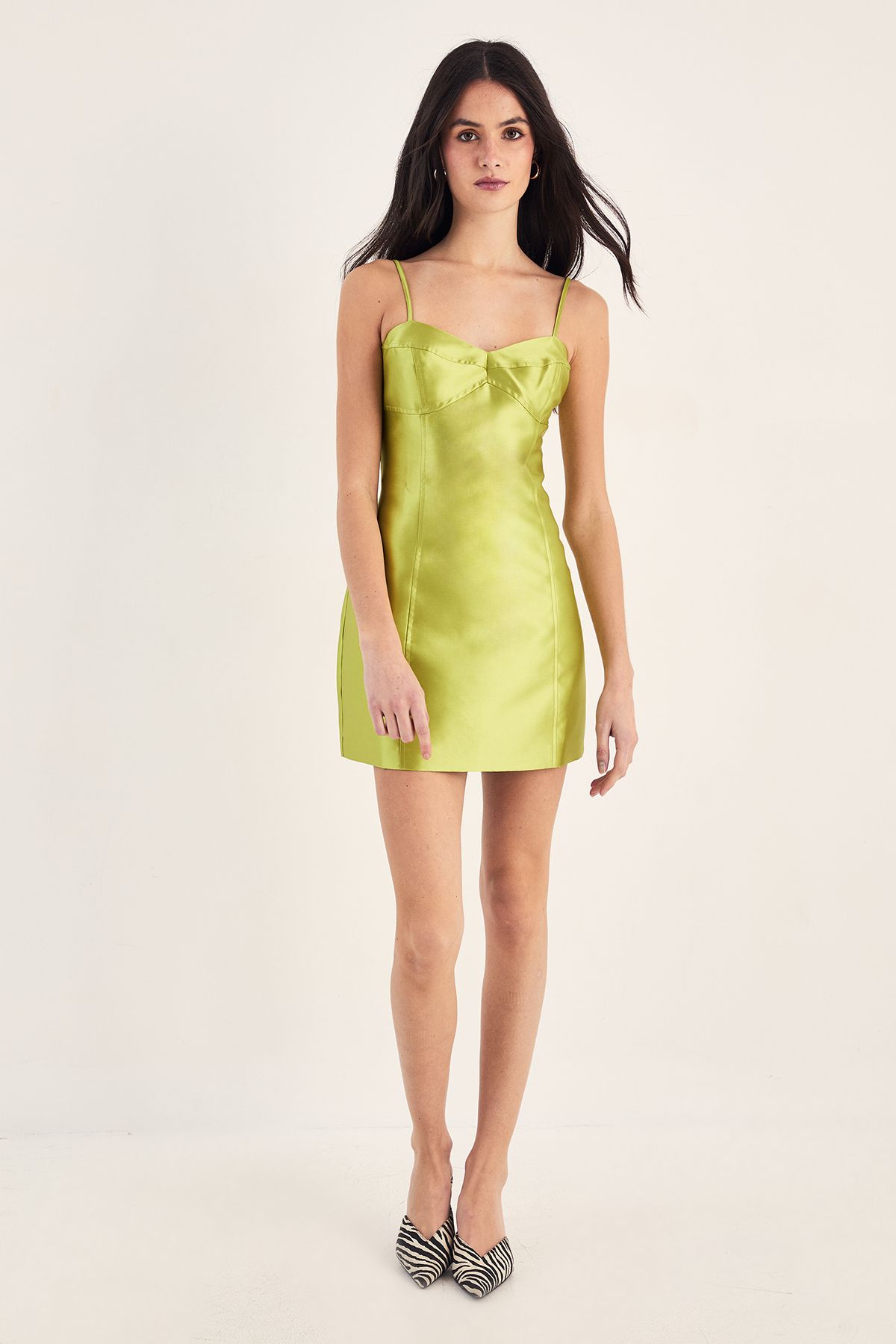 NastyGal Structured Satin Panelled Strappy Mini Dress Lime image 2