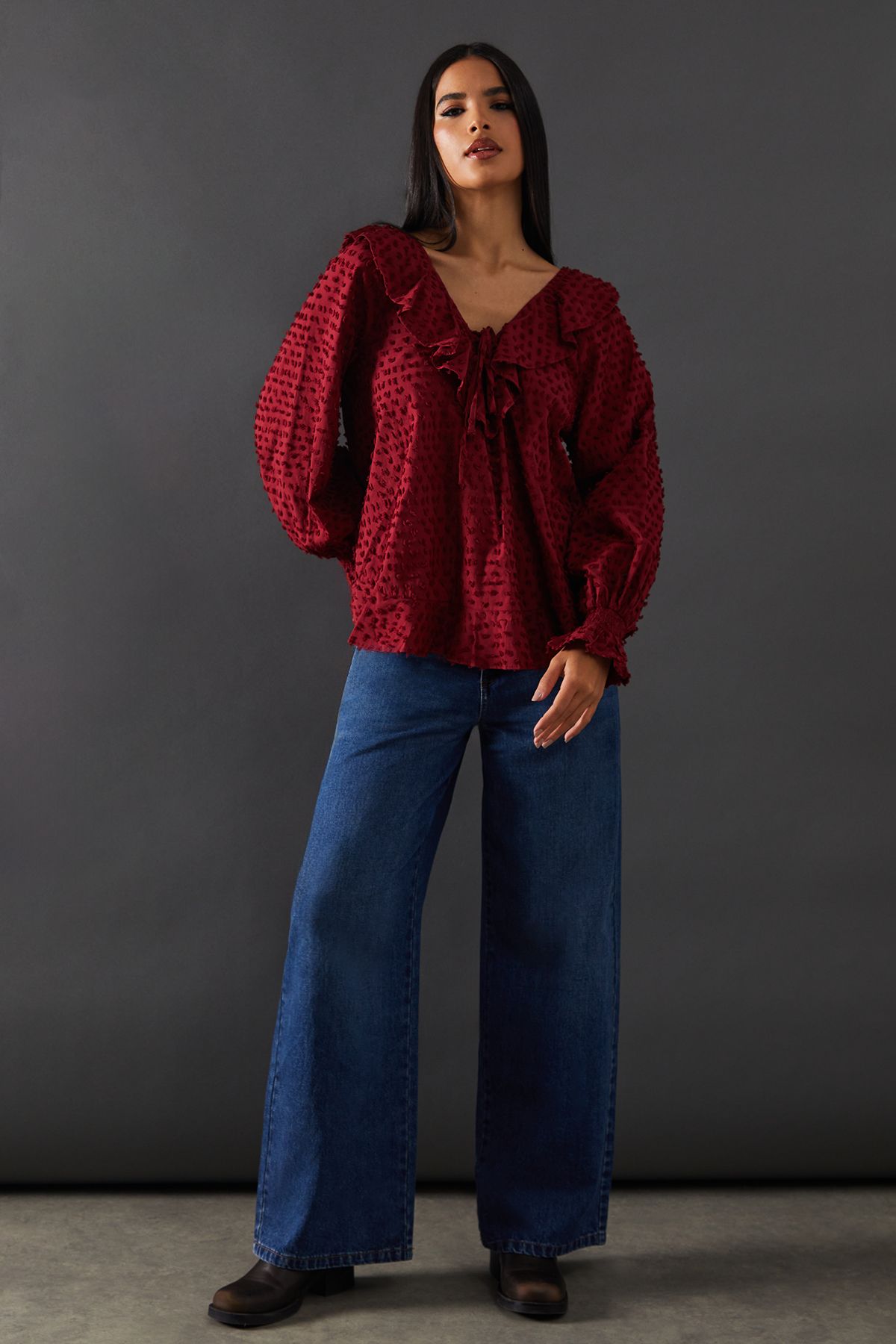 Warehouse Tufted Dobby Ruffle Neck Tie Front Blouse Dark Red image 4