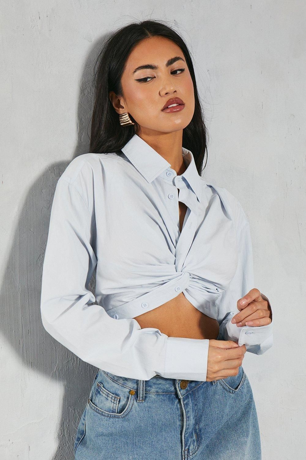MissPap Poplin Twist Front Cropped Shirt Light Blue image 4