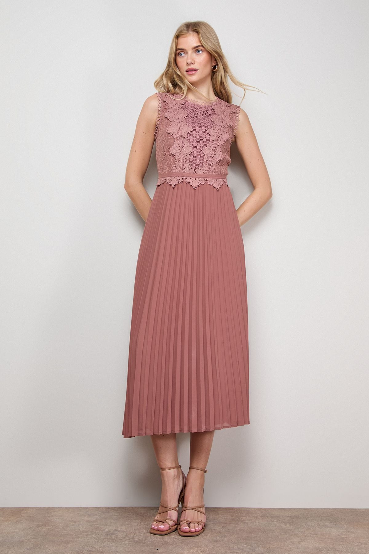 Oasis Lace Trim Detail Pleated Midi Dress Champagne image 1