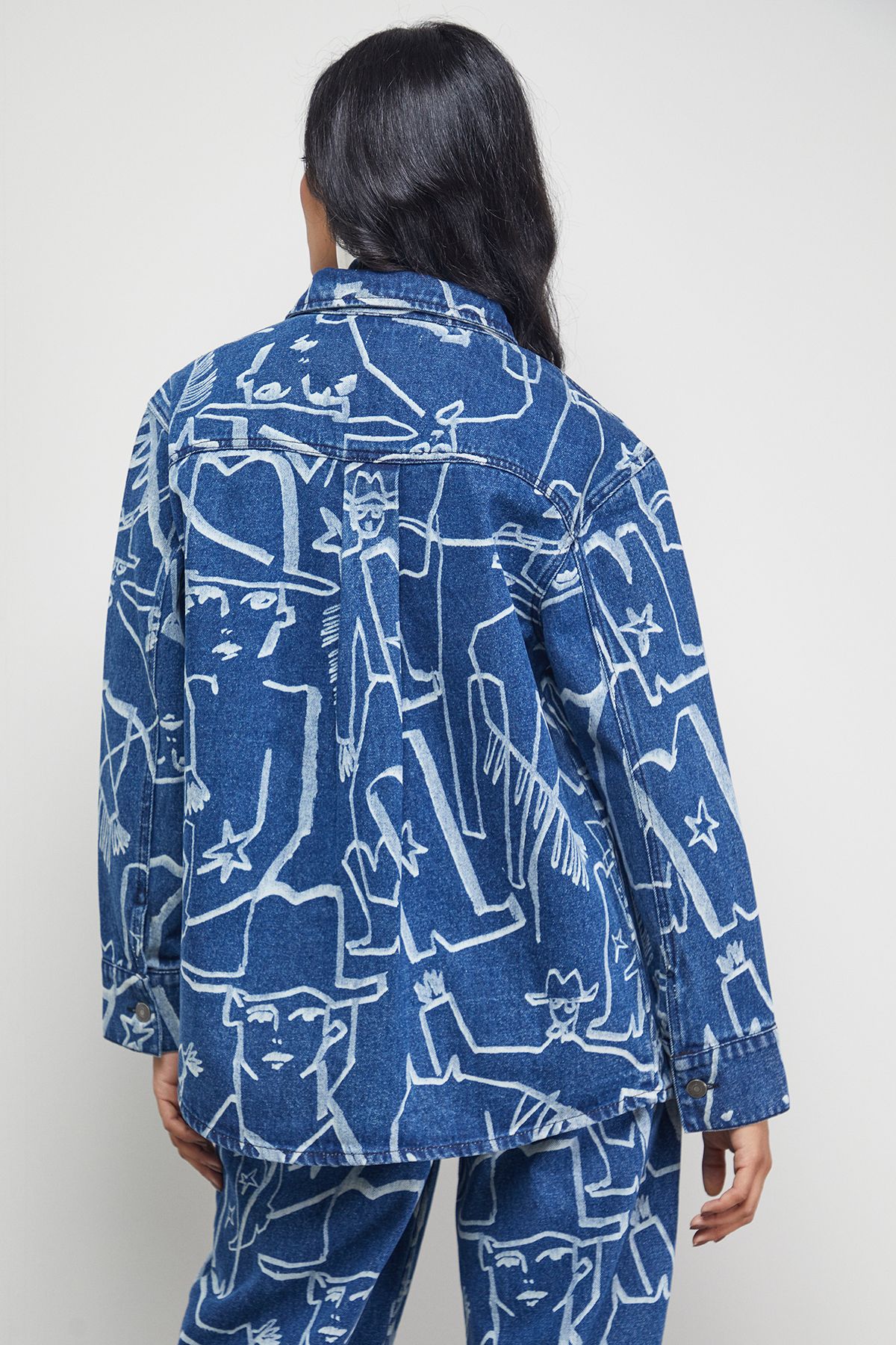 Warehouse Tony Oversized Printed Denim Shirt Co-ord Mid Blue image 4
