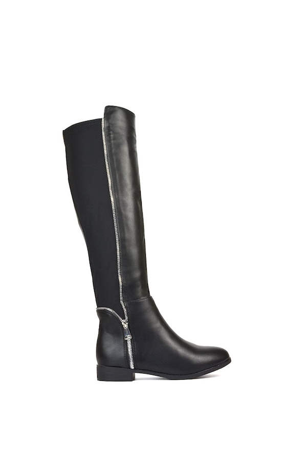 XY London 'Sutton' Zip Up Flat Heel Knee High Boots With Stretchy Calf
