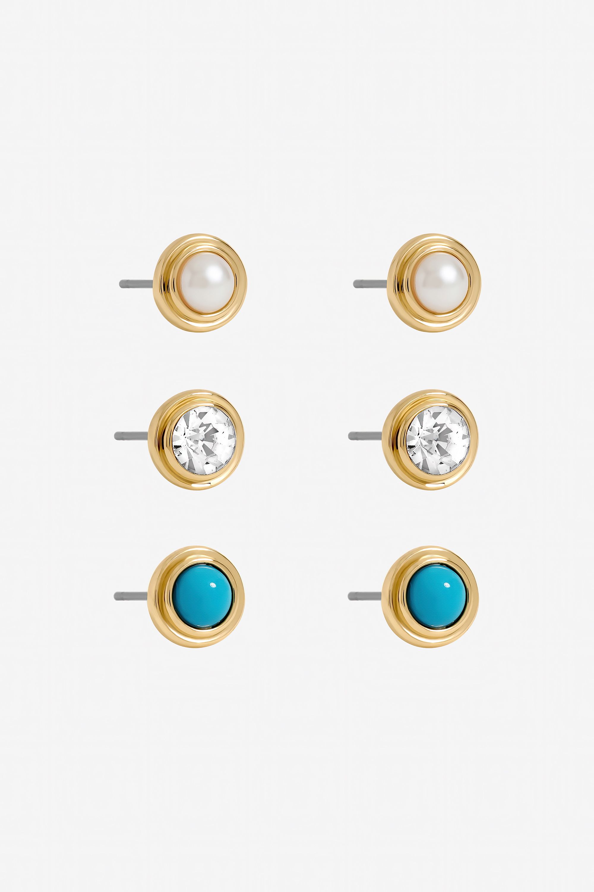 Mood Gold Plated Turquoise and Pearl Studs - Pack of 3