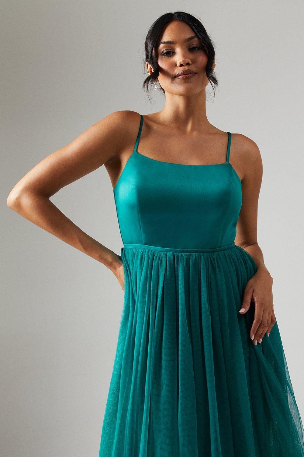 Coast Satin Bodice Cami Strap Tulle Skirt Midi Bridesmaid Dress Emerald image 4