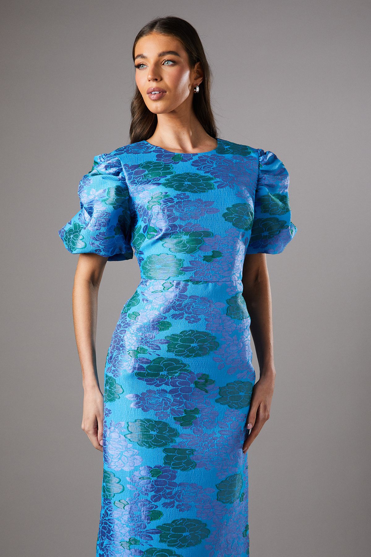 Coast Blue Floral Puff Sleeve Midi Dress Blue image 2