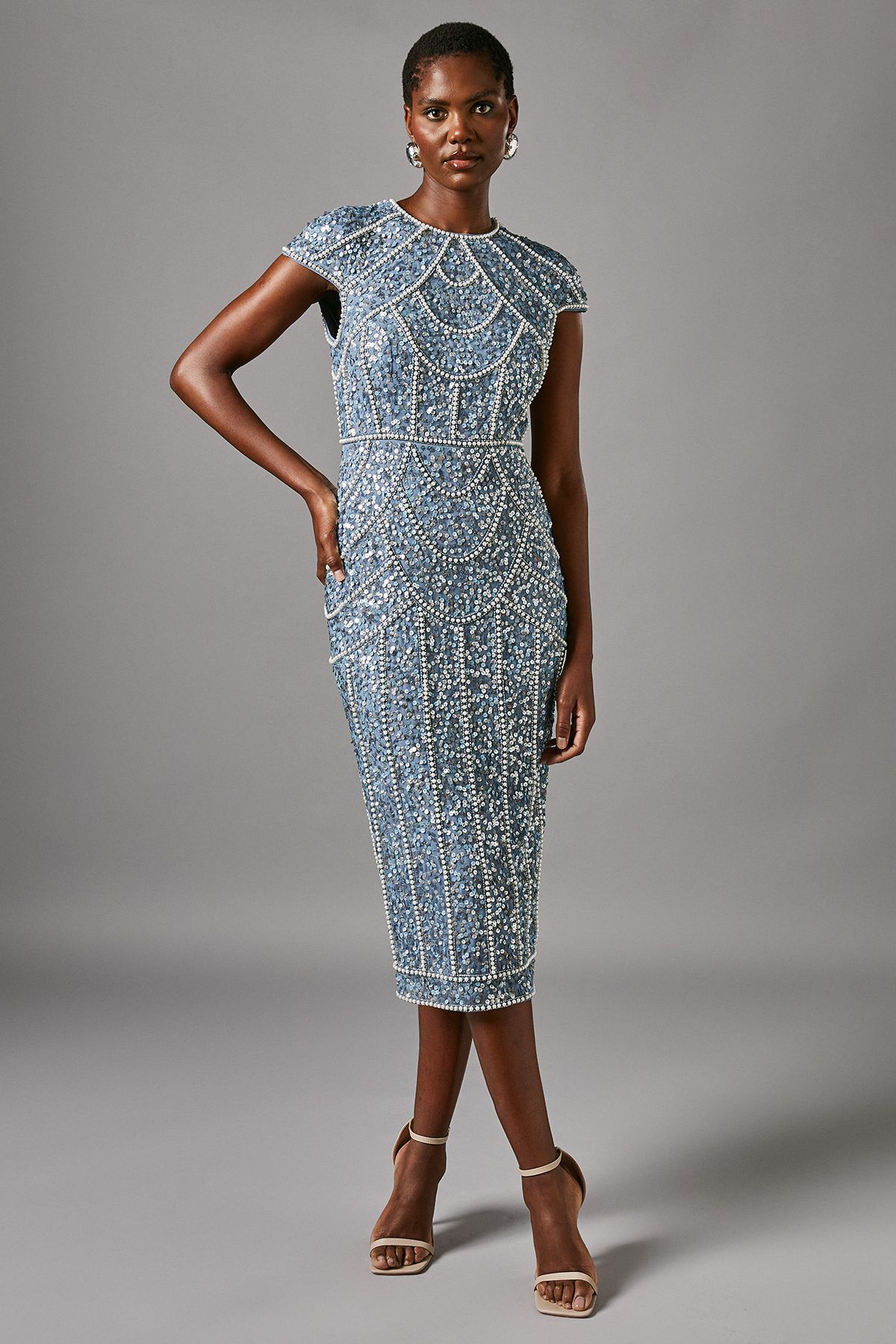 Coast Cap Sleeve Pearl Embellished Pencil Dress Dusty Blue