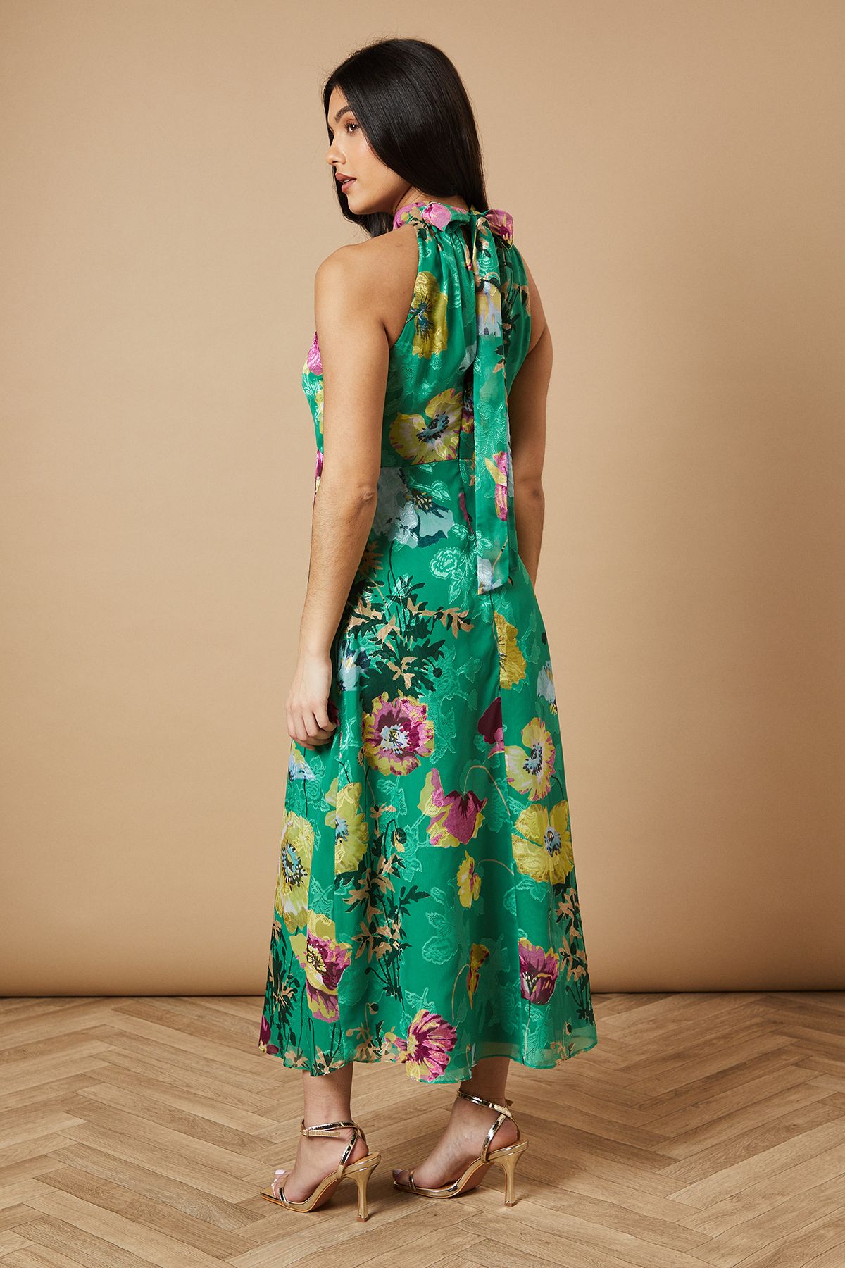 Oasis Floral Satin Burnout Halterneck Midi Dress Green image 3