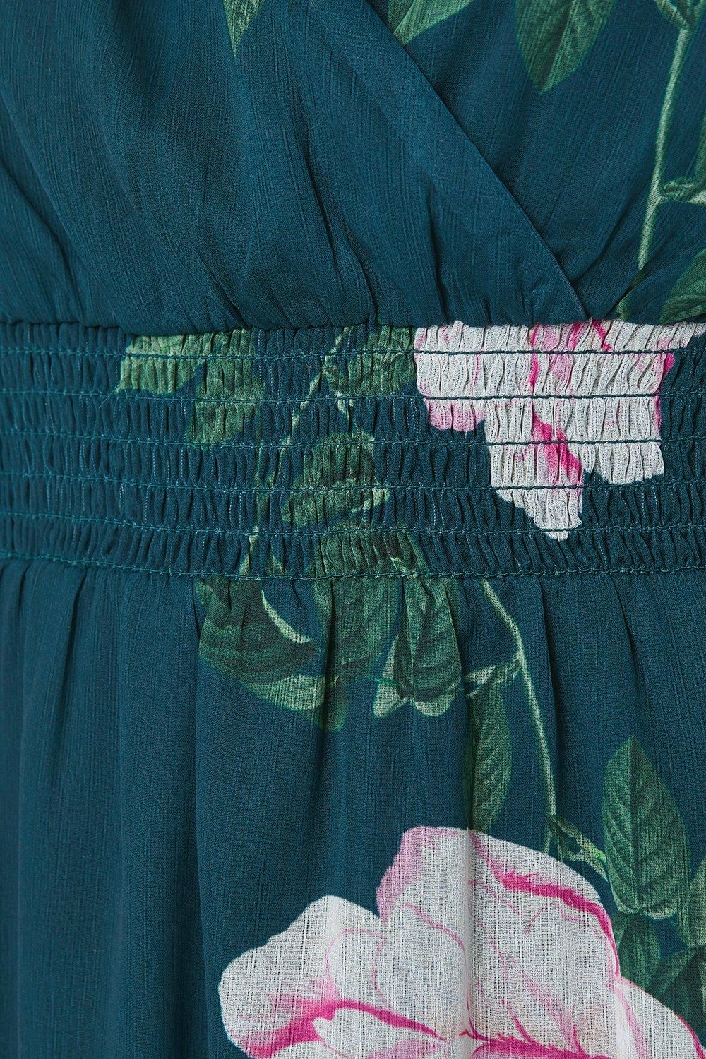 Dorothy Perkins Floral Chiffon Shirred Waist Frill Hem Midi Dress Green image 5