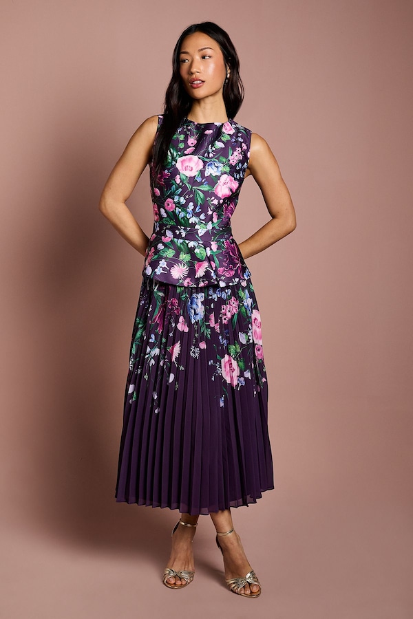 Coast Structured Satin Placement Print Pleated Skirt Midi Dress Berry