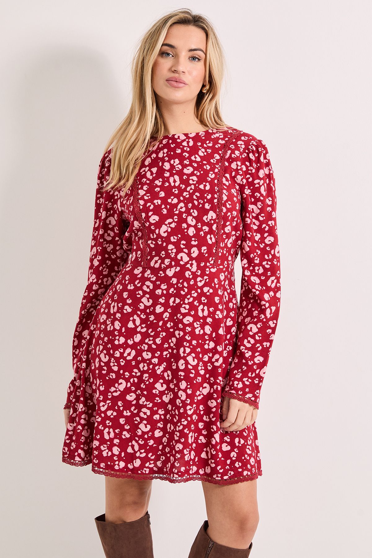 Dorothy Perkins Pink Animal Lace Trim Detail Tie Back Printed Mini Dress Pink image 1