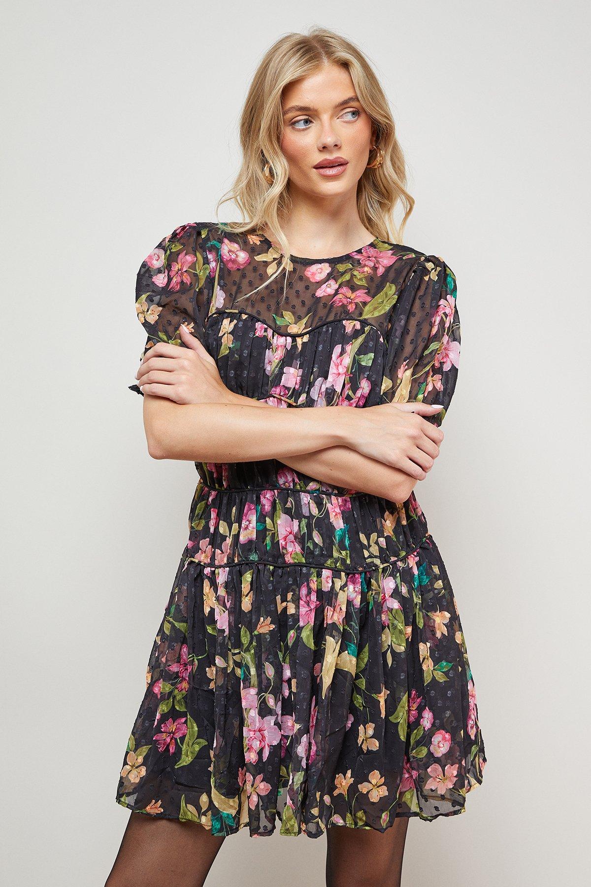 Oasis Printed Dobby Shirred Bodice Mini Dress Black image 2