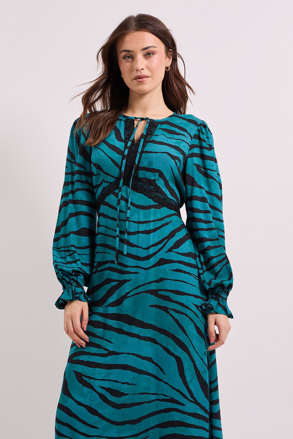 Dorothy Perkins Teal Zebra Lace Detail Tie Neck Printed Midi Dress Teal image 2