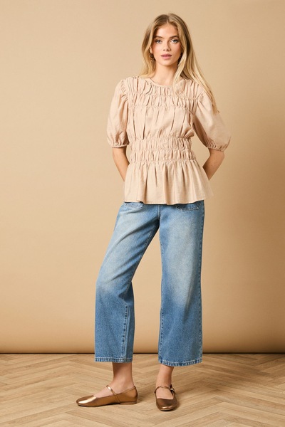 Oasis Shirred Bodice Puff Sleeve Top Stone