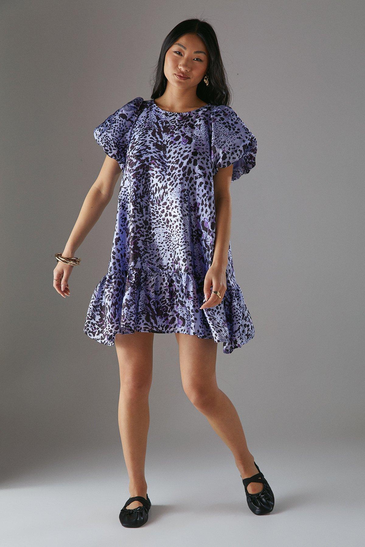 Warehouse Petite Organza Puff Sleeve Swing Mini Dress image 1