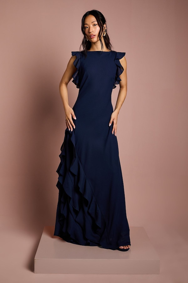 Coast Coast Honoured Ruffle Georgette Maxi Bridesmaid Dress Navy