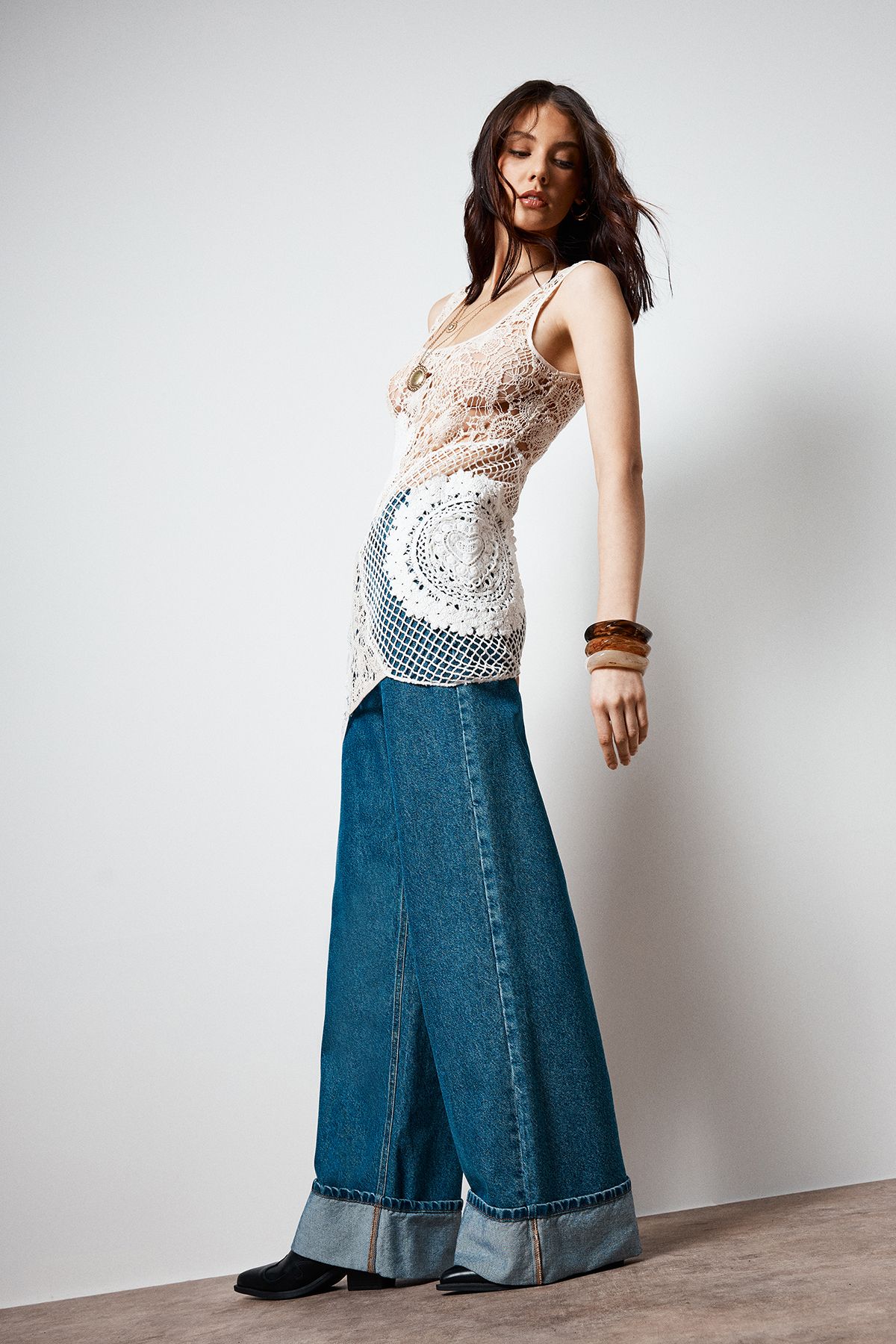 NastyGal Premium Crochet Embroidered Patched Scoop Neck Mini Dress Stone