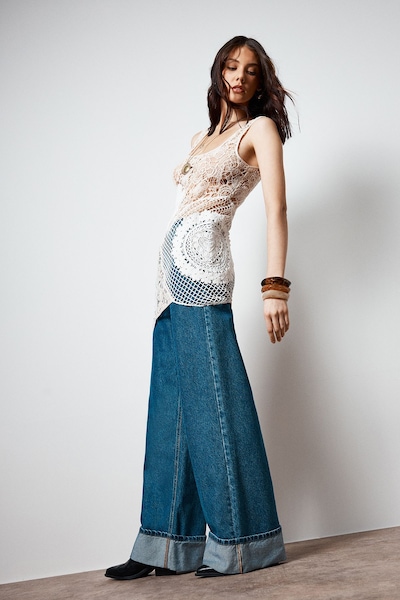 NastyGal Premium Crochet Embroidered Patched Scoop Neck Mini Dress Stone