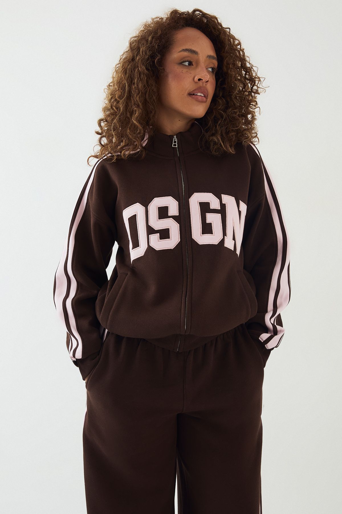 DSGN Studio DSGN Side Stripe Funnel Neck Zip Through Bomber Tracksuit Dark Chocolate image 3