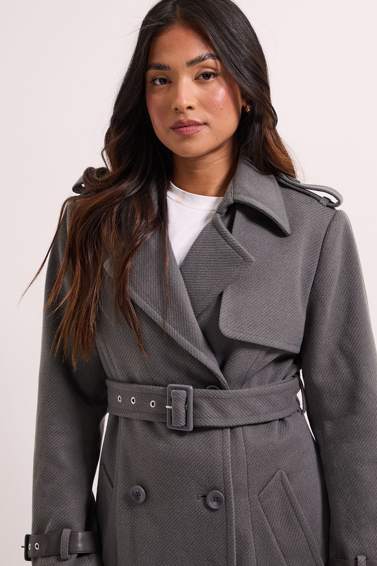 Dorothy Perkins Petite Cuff Detail Buttoned Longline Coat Grey image 4