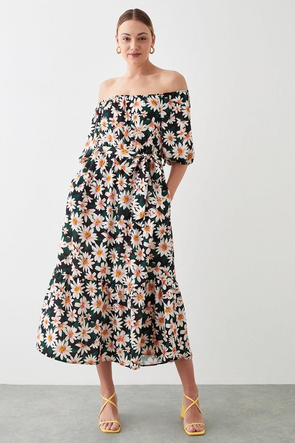 Dorothy Perkins Tall Daisy Print Frill Hem Bardot Dress Black image 1