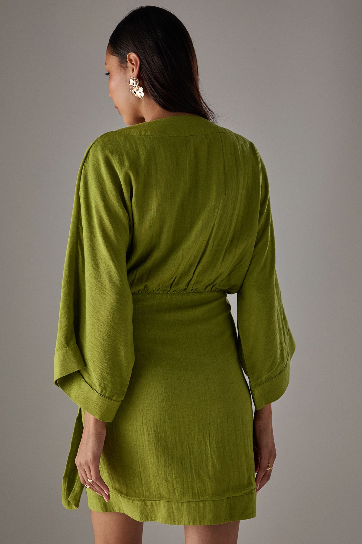 Warehouse Linen Wrap Kimono Mini Dress Chartreuse image 3