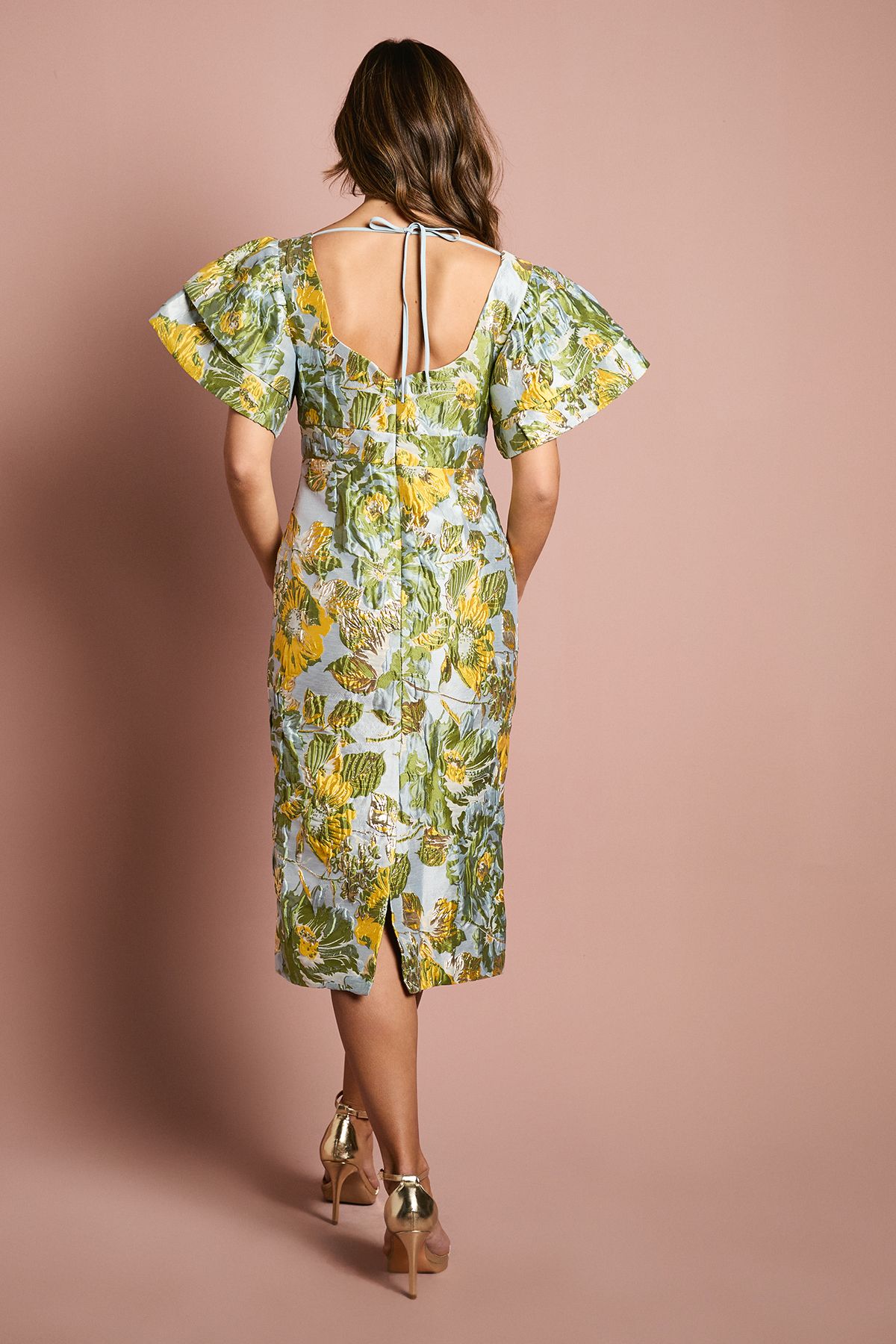 Coast Metallic Jacquard Volume Sleeve Midi Dress Blue image 3