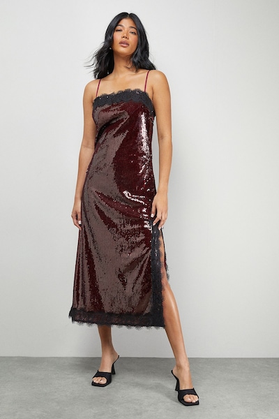 Warehouse Sequin Lace Trim Square Neck Midi Slip Dress Dark Red