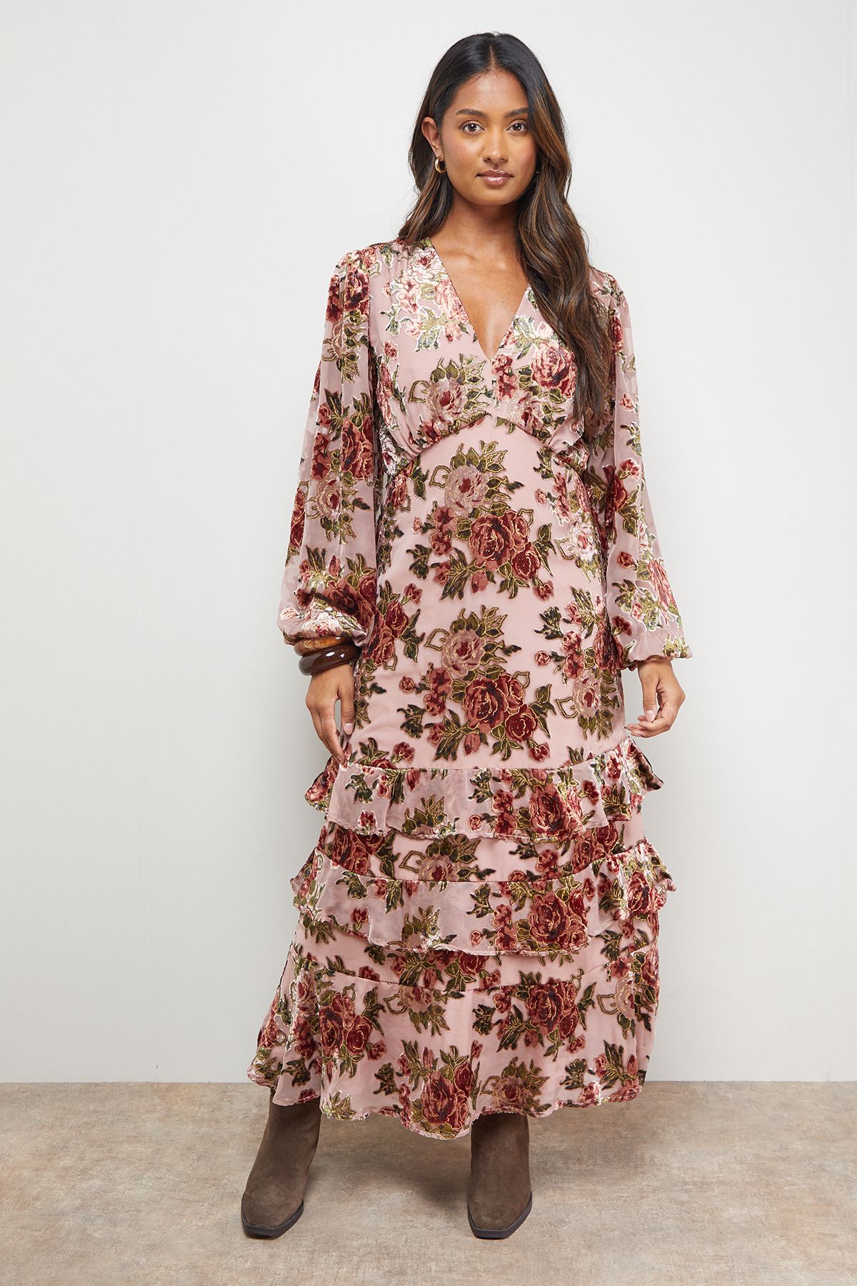 Oasis Devore Tiered Puff Sleeve Midi Tea Dress Rose image 1