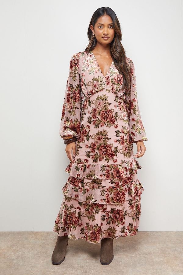Oasis Devore Tiered Puff Sleeve Midi Tea Dress Rose