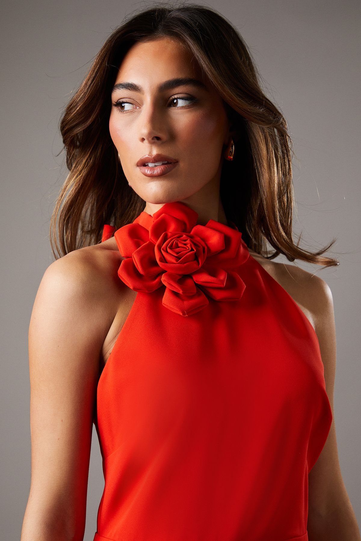 Coast High Neck Corsage Detail Midi Dress Flame Red image 3