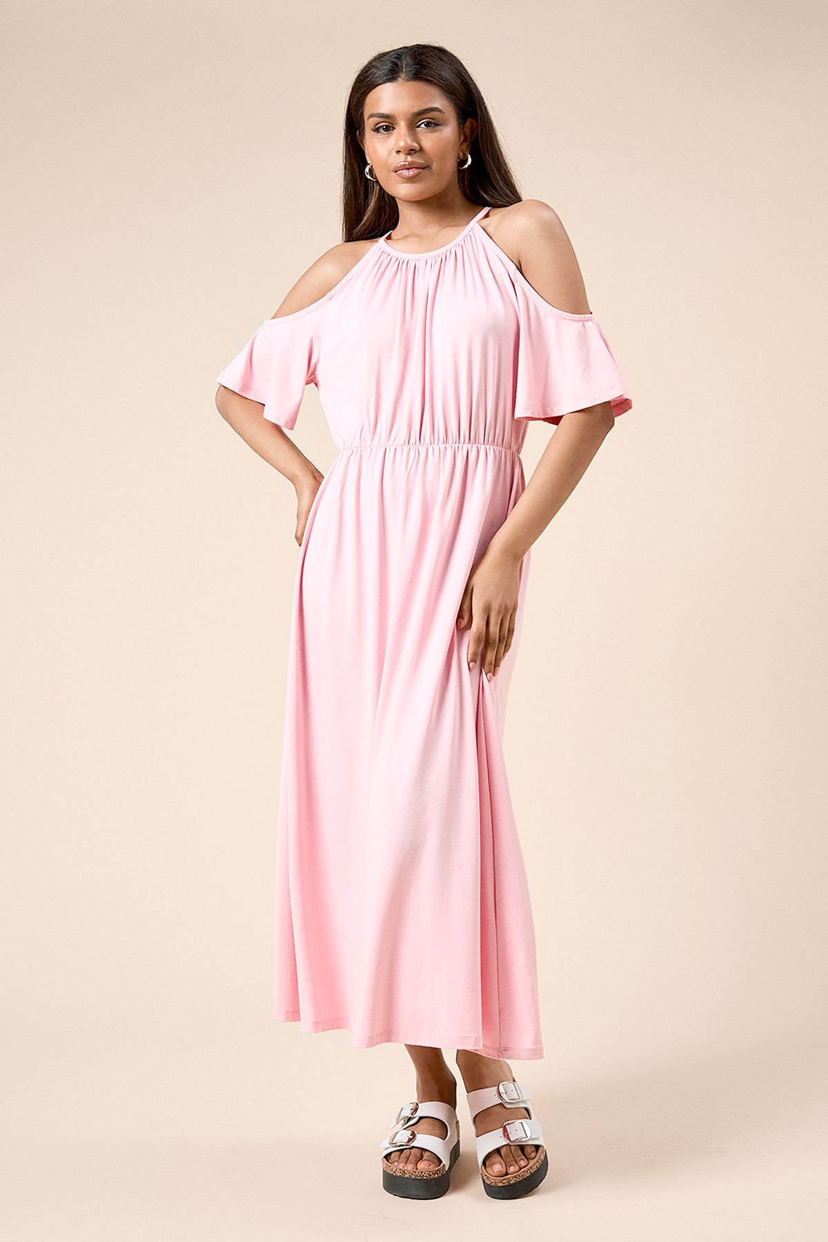 Dorothy Perkins Petite Cold Shoulder Halterneck Midi Dress Blush