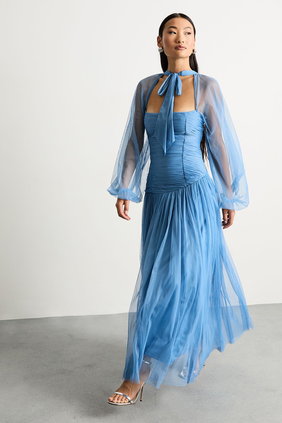 Warehouse Petite Bow Detail Gathered Tulle Maxi Dress with Open Neck Blue