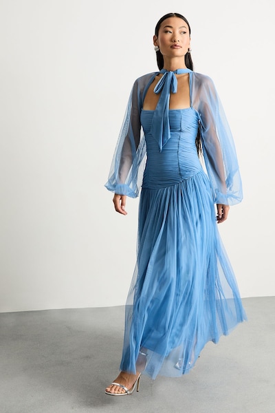 Warehouse Petite Bow Detail Gathered Tulle Maxi Dress with Open Neck Blue
