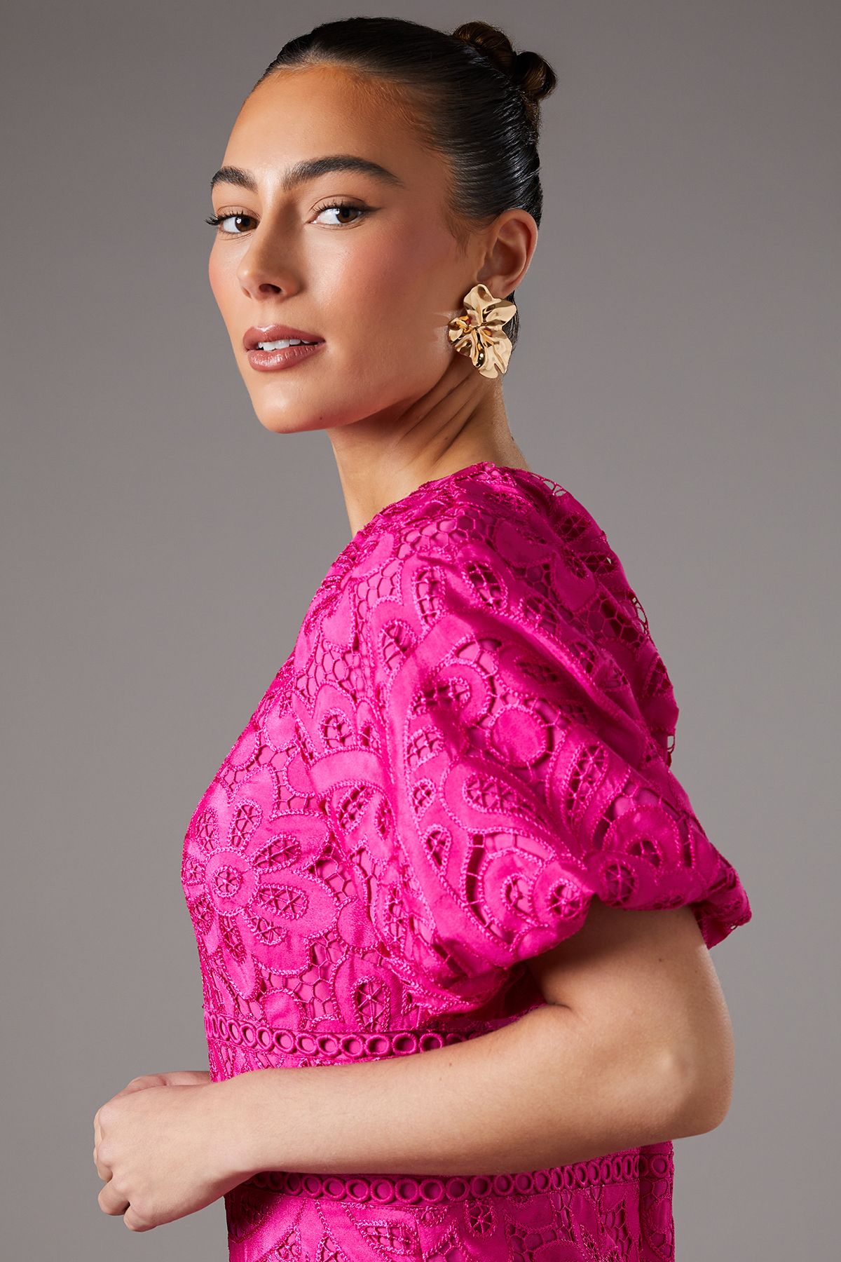 Coast Lace Hanky Hem Puff Sleeve Dress Pink image 3