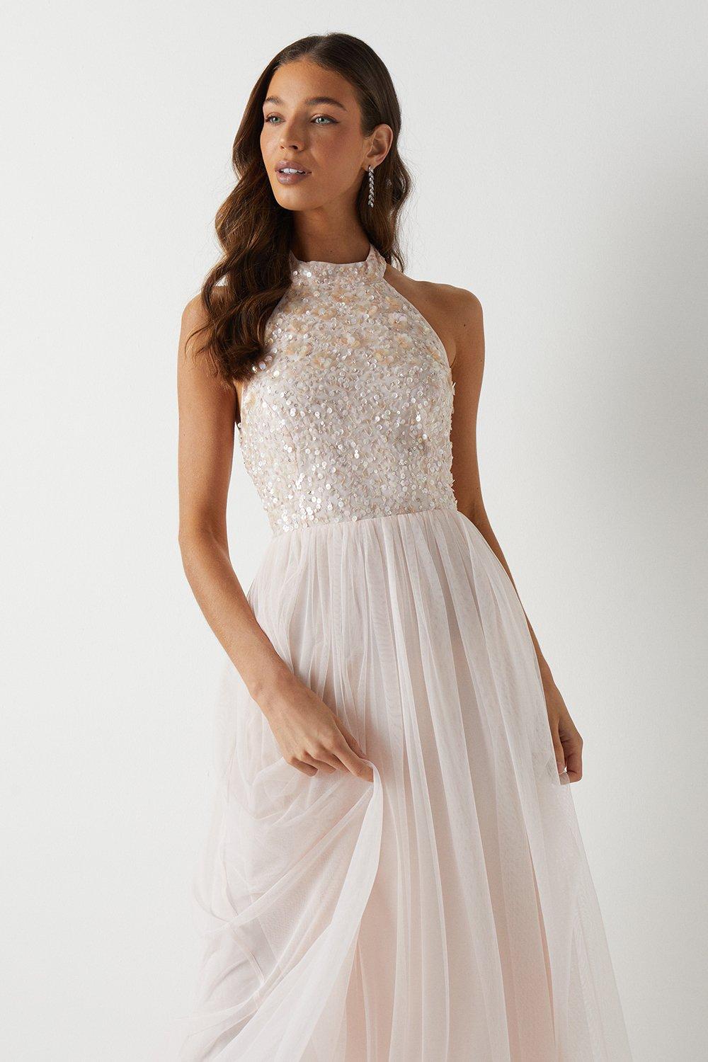 Coast 3d Floral Embellished Halterneck Bridesmaid Midi Dress Blush image 3