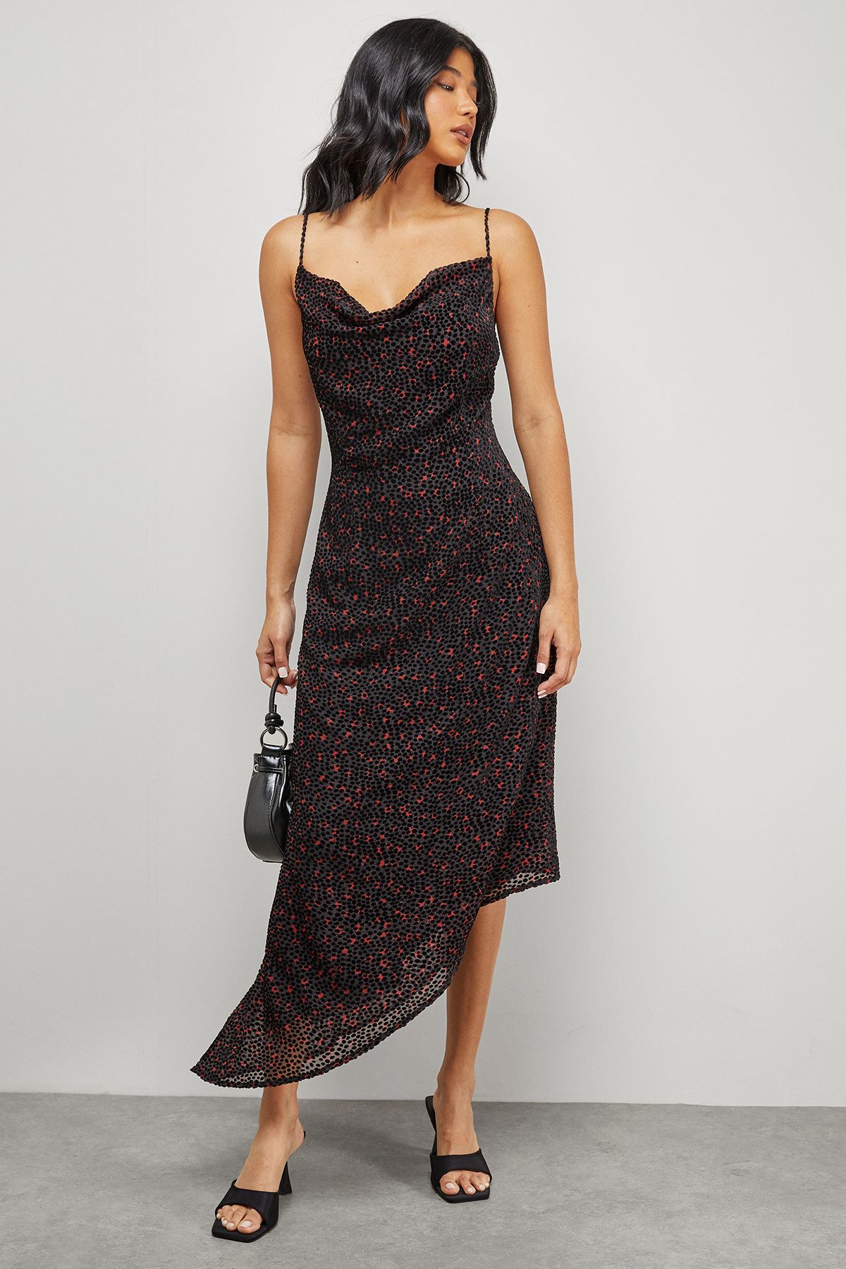 Warehouse Polka Dot Devore Cowl Neck Maxi Dress Red
