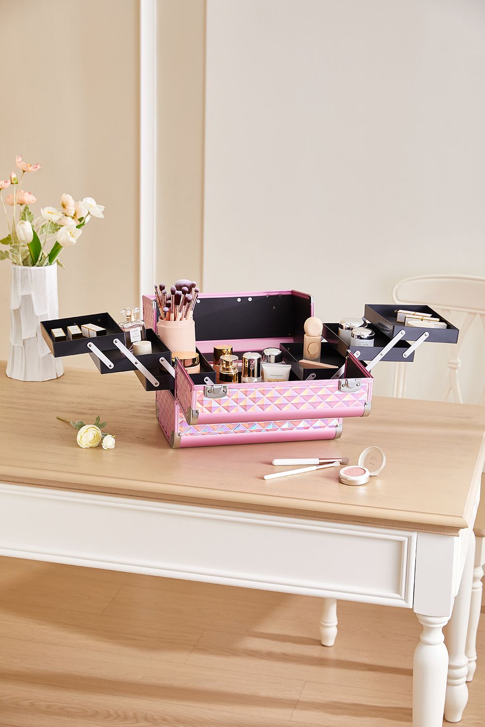 SHEONLY Pink Makeup Box Professional Cosmetic Organizer Aluminum Storage Box with 6 Trays image 2