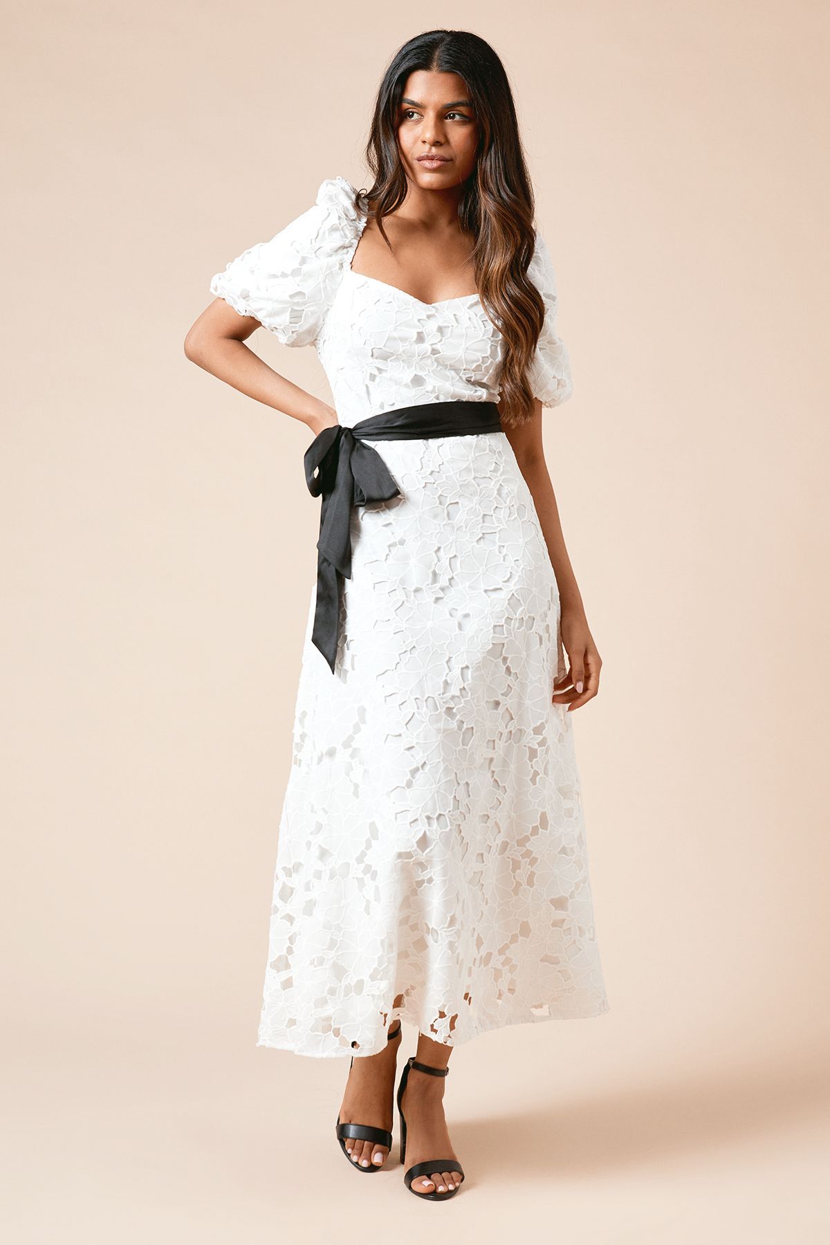 Dorothy Perkins Petite DP Luxe Cutwork Lace Contrast Belt Midi Dress White image 1