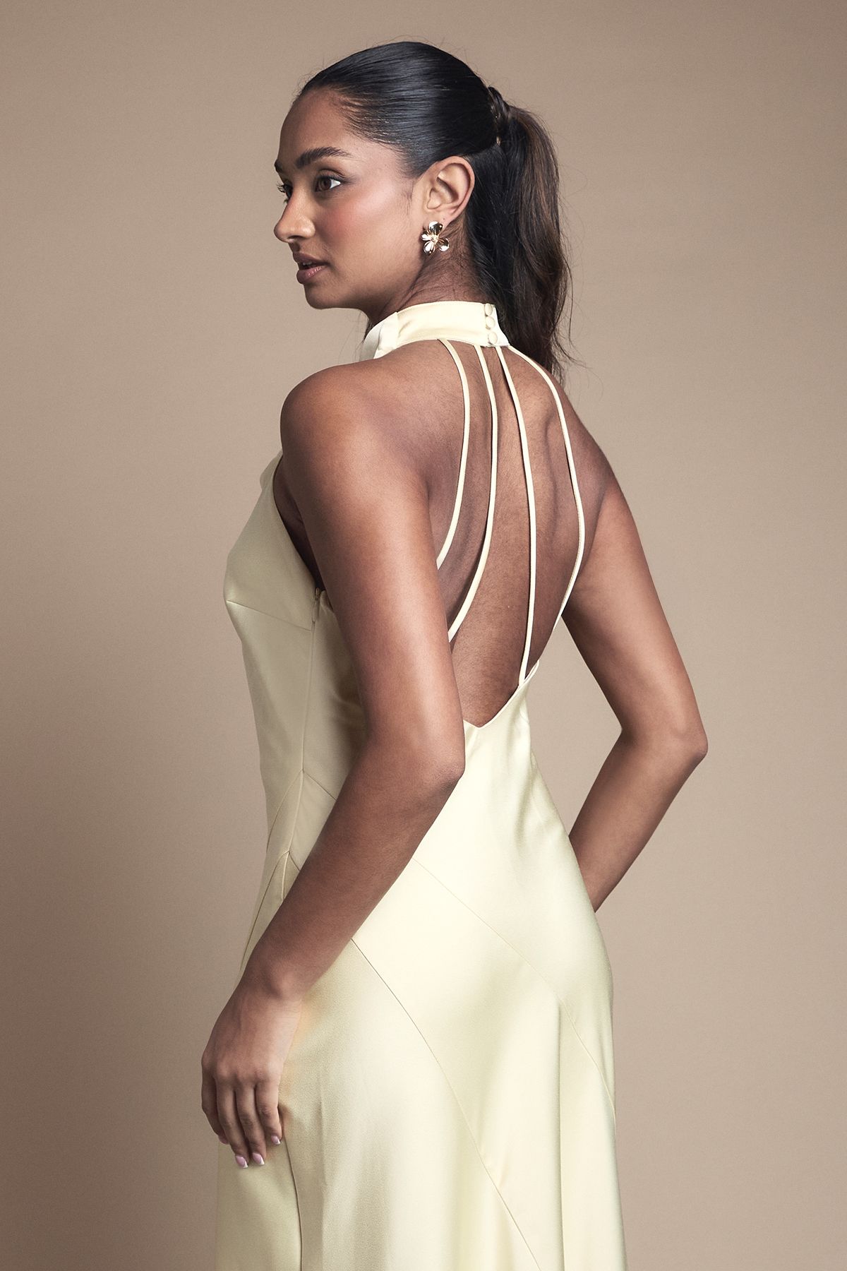 Oasis Oasis by Coast Cowl Halterneck Satin Maxi Bridesmaid Dress Lemon image 5